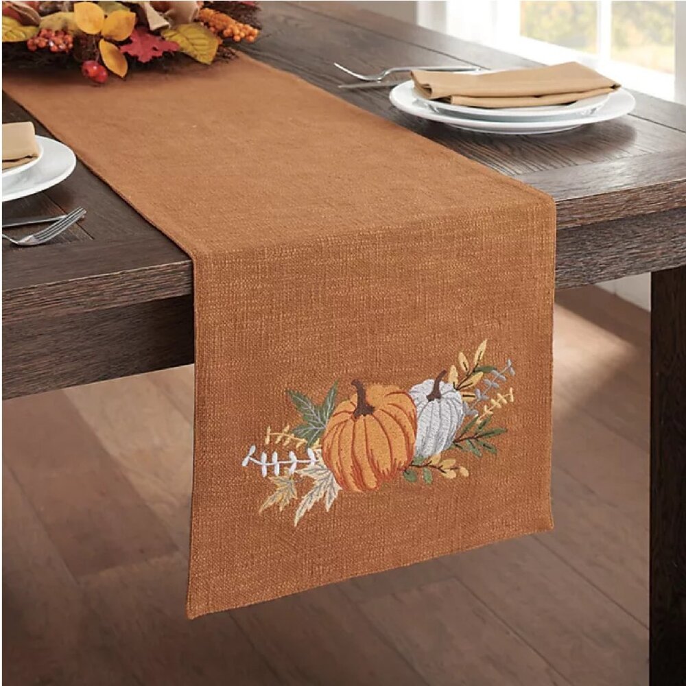 120"x14" PECAN-colored Autumn Pumpkin Embroidered Table Runner